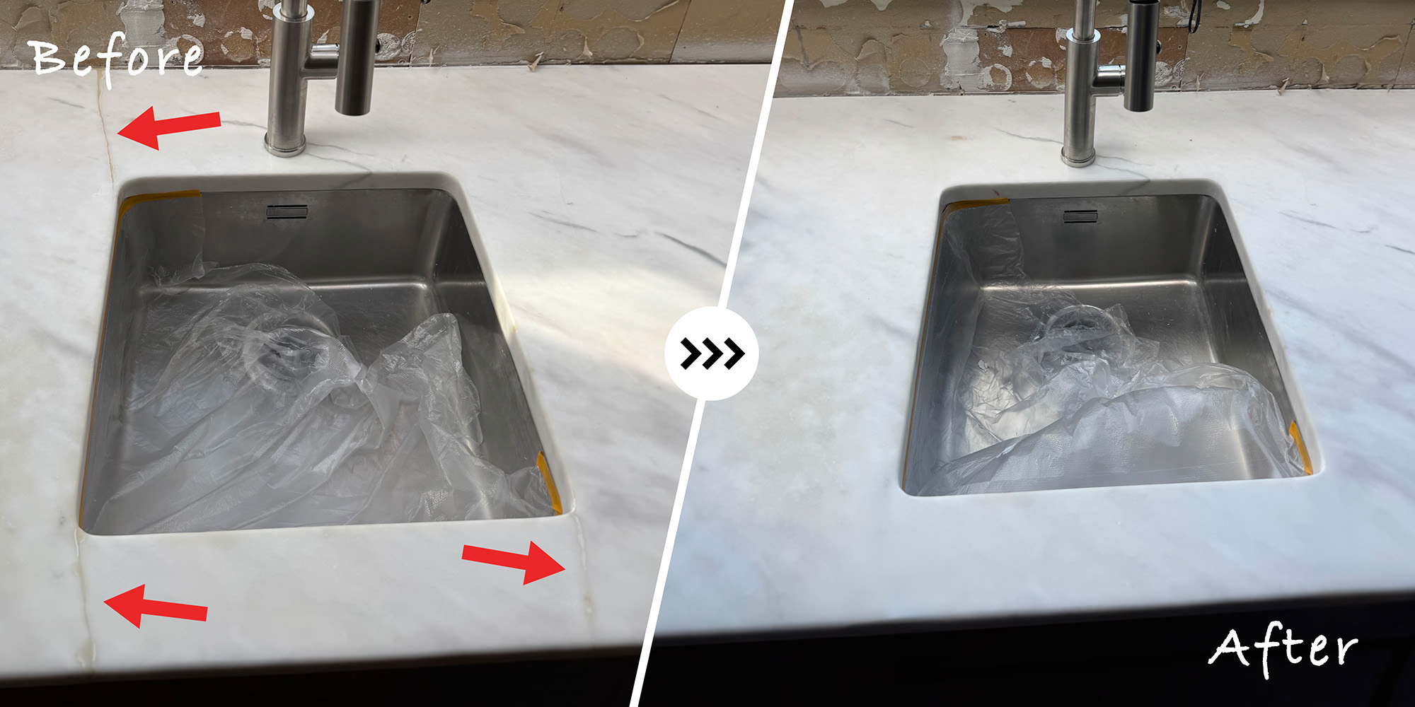 Before and after stone benchtop crack repair around a kitchen sink, with colour and vein matching