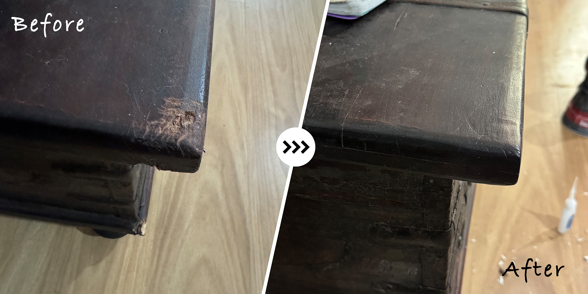 Before and after repair of a chipped wooden furniture corner, colour matched to the existing dark finish
